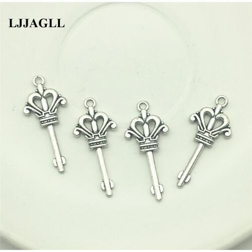 LJJAGLL 80pcs Silver 16*36mm Zinc Alloy Small Delicate Crown Key Shape Jewelry Pendant DIY Key Ring Accessory AYS022