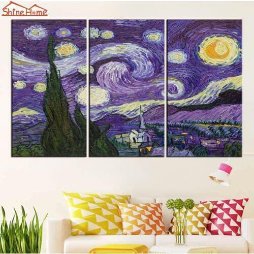 ShineHome-3pcs Van Gogh Oil Painting Triptych Poster and Prints on Canvas Star Sky Modular Picture Cuadro Decoration on The Wall