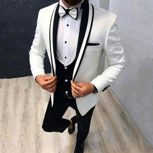 New Arrival Men Suits White and Black Groom Tuxedos Shawl Lapel Groomsmen Wedding Bridegroom ( Jacket+Pants+Vest+Tie ) D156