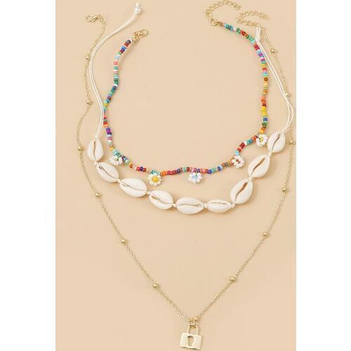 3 Pcs/Set Boho Handmade Multicolor Beaded Flower Necklaces & Pendants Womens Trendy Natural Shell Gold Long Chain Lock Necklace