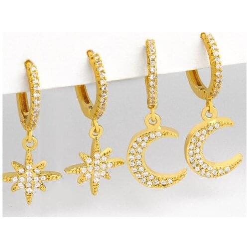 Star moon multicolor Brass micro pave cz zircon cubic zirconia drop Hoop Earrings copper gold plated crystal studs hf23