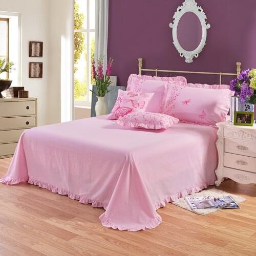 Cilected Pink Korean Sheets 100% Cotton Solid Color Princess Style Lotus Leaf Lace Sheets Sleep Bedspread Bedding Decoration