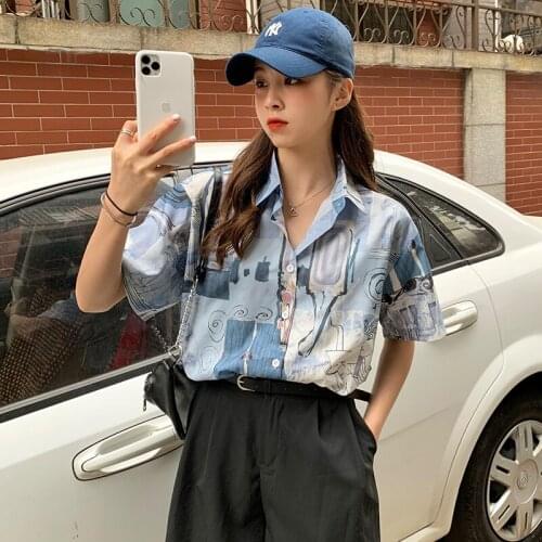 4 Sizes S-xl Blue Basic Casual College Wind Vintage Short Sleeve Loose All Match 2021 New Arrival Summer Women Shirts