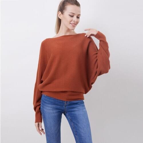 Slash Neck Batwing Sleeve Knitted Sweaters Women Autumn Winter Casual Loose Ladies Pullover 12 Color Solid Female Jumper Top