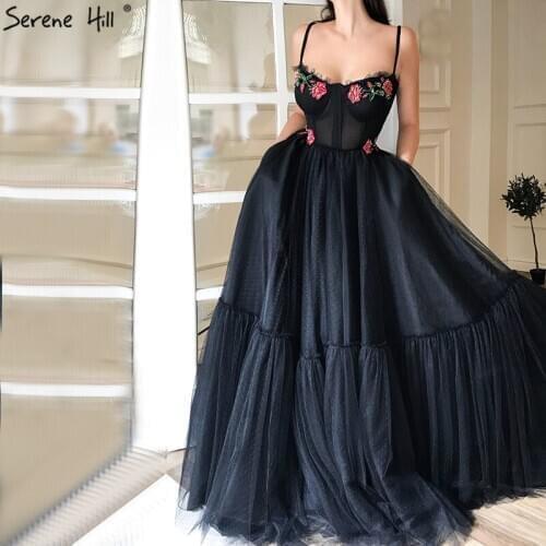 Sexy Spaghetti Straps Flowers Appliques Evening Dresses 2020 Low Back Puffy Evening Gowns Robe De Soiree BLA60791