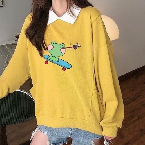 Cute Frog Skateboard Hoodie Cotton Sweetshirt Best Friend Pullover Long Sleeve Hoodiess for Girls Chic Casual Losse Fashion Tops