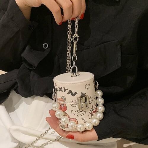 Women Mini Shoulder Bag Cute Cartoon Letter Printing Barrel Shape Crossbody Bag Mini Pearl Chain Bag