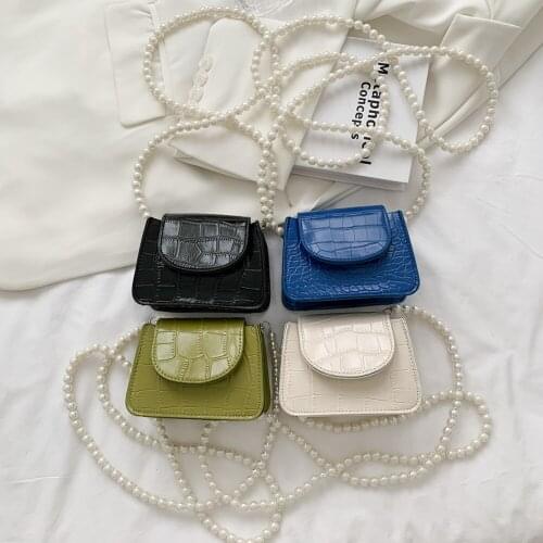 Womens Bag Mini Square Flap Bag Crocodile Pattern Pearl Chain Shoulder Crossbody Bags for Women Fashion PU Leather Handbags