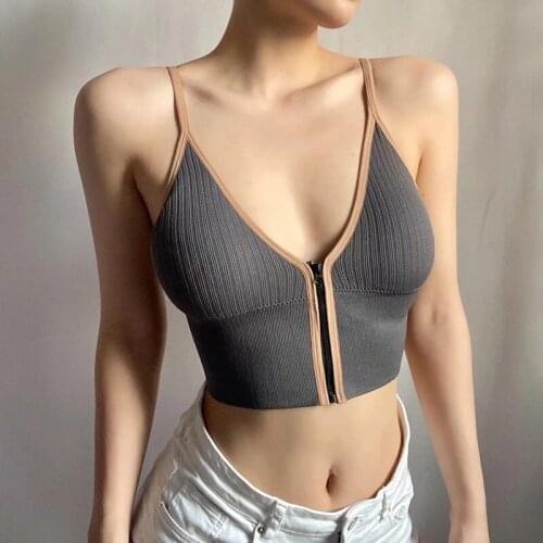 Ladies Summer Camis Front Zipper Deep V Neck Crop Top Breastless Sexy Beauty Back Tube Top Underwear Ladies Camis