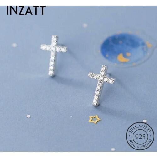 INZATT Real 925 Sterling Silver Zircon Cross Stud Earrings For Fashion Women Party Minimalist Fine Jewelry Hiphop Accessories