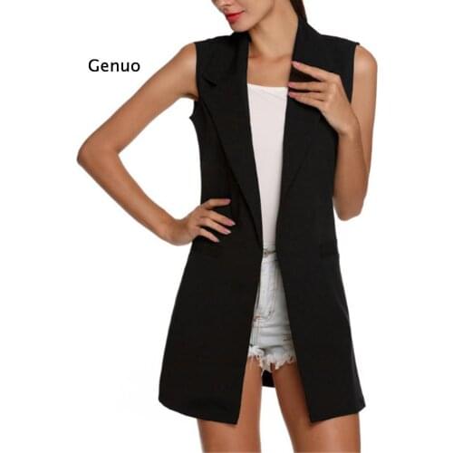 Women Solid Color Sleeveless Slimet Fite Long Lapel Pocket Waistcoat Formal Vest