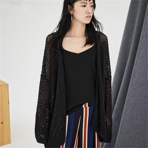 100%hand made pure cotton Vneck thin knit women loose H-straight hollow out cardigan sweater one&over size