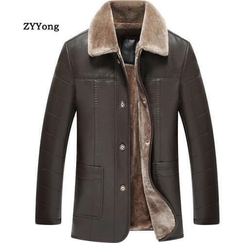 Winter Fleece Leather Jacket Men Overcoat Coat Plus Velvet Warm PU Fur Collar Business Black Dark Brown Windbreaker Outwear 6XL