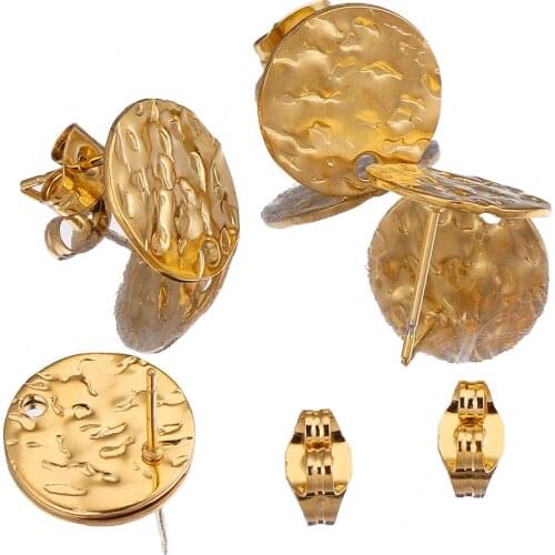 10PC Embossing Made Stainless Steel Round Stud Earring Posts with Hole Gold Tone DIY Earrings Jewelry Making Supplies Wholesale