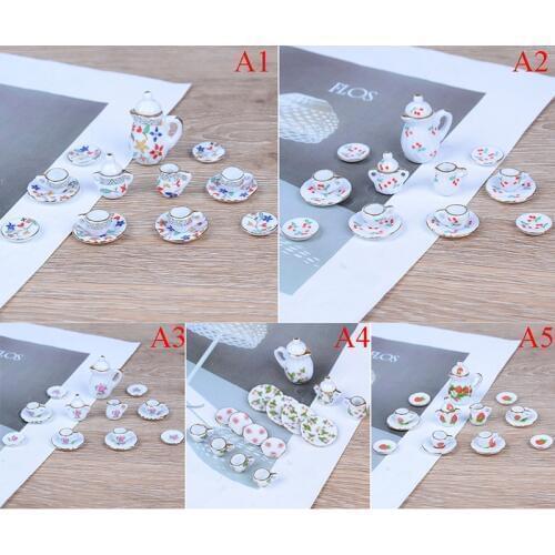 15Pcs/Set New Dollhouse Miniature Restaurants Goods Porcelain Tea Set Plate Cup Plate Flower Print Furniture Toys