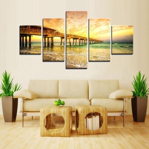 5 Pieces Painting Canvas Sunset On Sea Bridge Modern Wall Pictures Beautiful Lanscape Art For Living Room Decor