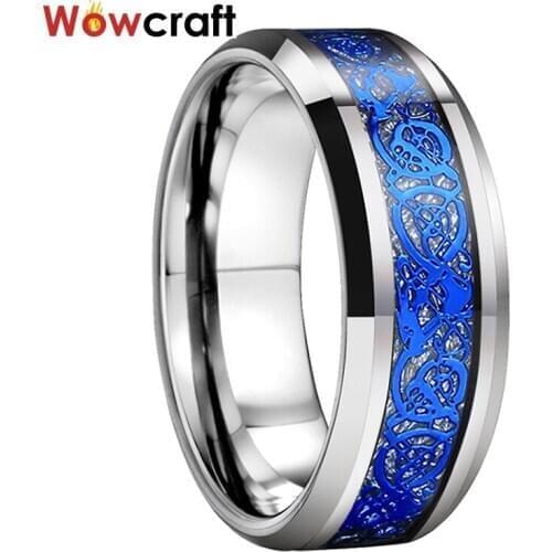 8mm Tungsten Carbide Rings for Men Women Wedding Bands Meteorite Dragon Inlay Beveled Edges Polished Comfort Fit