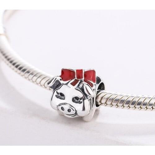 Red Enamel 925 Sterling Silver Animal Series Cute Piggy Big Bead Pendant For Original Bracelet Ladies DIY Jewelry