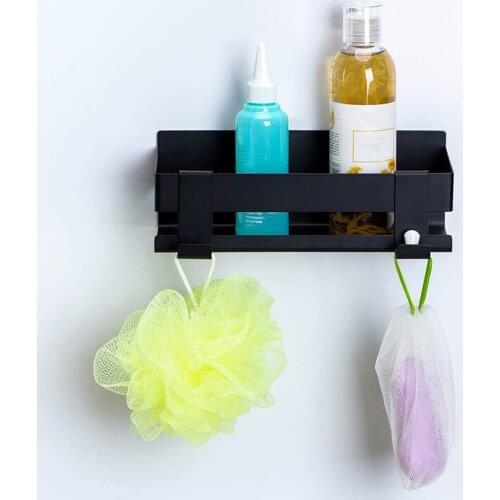 Hot Bathroom Shower Shelf Self Adhesive Shower Shelf Without Drilling Shower Basket with Hooks Black 22CM