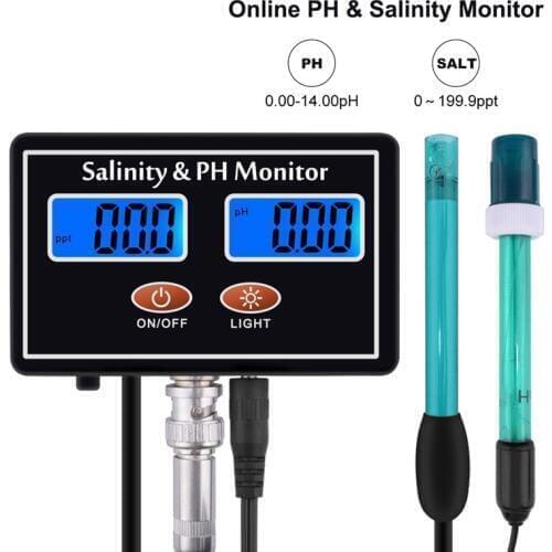2in1 PH & Salinity Monitor Digital Online LCD pH Salinity Meter for Aquarium Seawater Fish Tank pH Salt Water Quality Tester