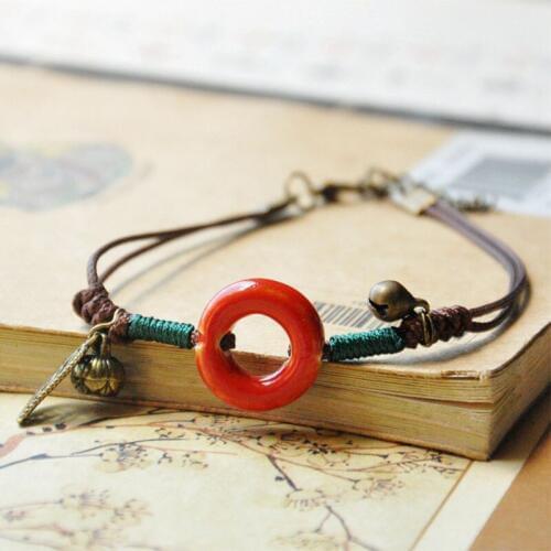 Ceramic Beads Charm Bracelet For Women Vintage Silver Color Flower Bracelets Double Rope Knot Handmade Fashion Jewelry Bracelet