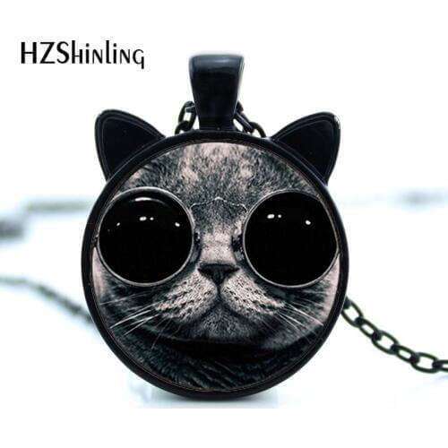 CN-009 2017 New Cool Cat Necklace Cat Ear Pendant Cat Face Jewelry Round Glass Picture Necklace HZ2