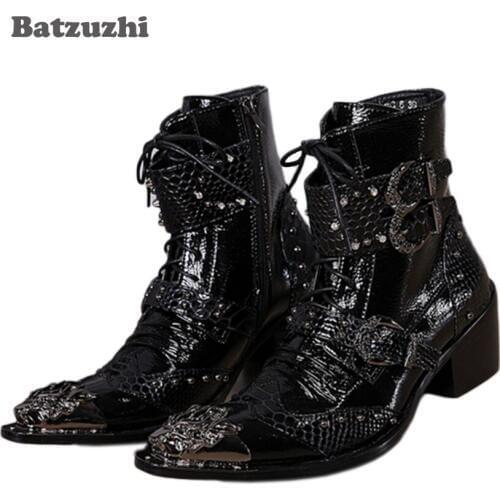 Batzuzhi Brand 6cm Heels Men Boots Punk Motorcycle/Biker Boots Men Pointed Toe Iron Buckle Lace-up Motorcycle Boots, EU38-46