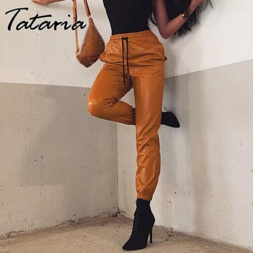 New Women Pu High Waist Faux Leather Trousers Female Autumn Black Tie Feet Capris Pants with Elastic Band Waist Lace Up Trousers