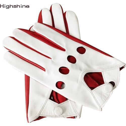Mens Luxury Genuine Goatskin Leather Driving Gloves Thin Unlined for a tighter fit and extra flexibility Red/White