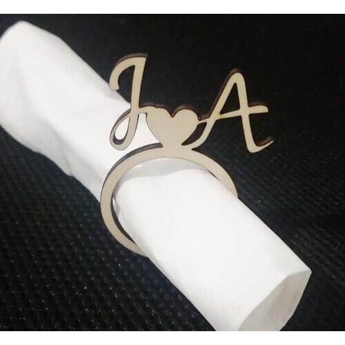 Personalized Gold Acrylic Wood Laser Cut Heart Napkin Ring with Initial Name Wedding Engagement Party Table Decoration 50pcs
