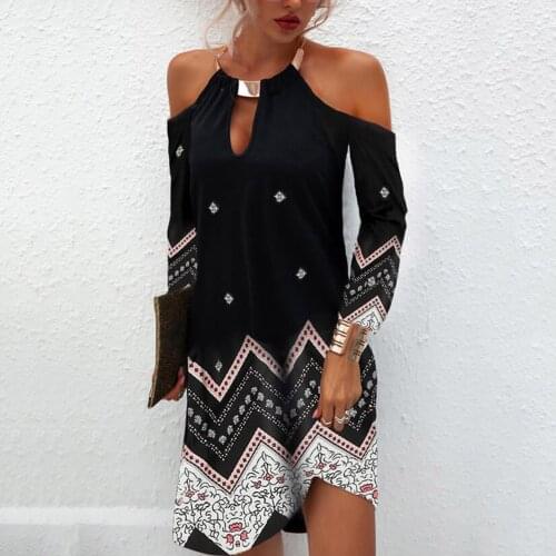 Bohemian Dresses For Women Geometric Print Metal Halter Neck Women Sexy Boho Dress Off The Shoulder Strapless Dresses