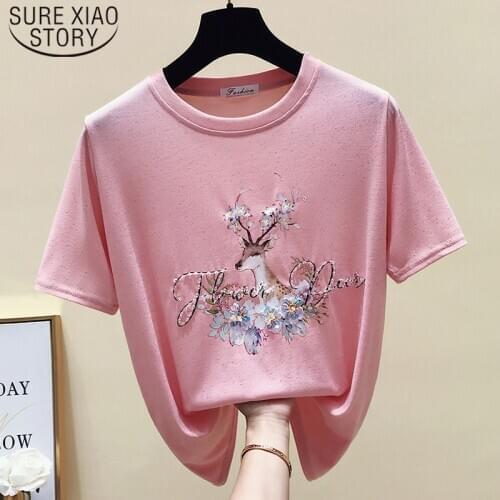 Casual Vintage T Shirt White Pink Ladies Shirt Women Tops Short Sleeve O-neck Shirt Korean Style Women Cotton Shirt 4874 50