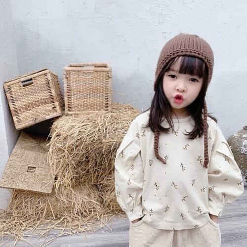 Baby Girls Shirt Korean Cute Printed Puff Sleeve Shirt for Girl 2 3 4 5 6 Years Kids Tops and Blouses Childrens Clothes Autumn