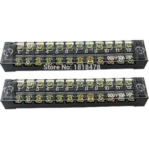 TB-1510 2 Pcs 12 Position Covered Barrier Screw Terminal Block 600V 15A Copper parts