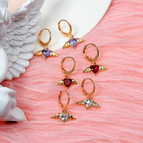 JJFOUCS Fashion Purple Red White Crystal Heart Wing Drop Earrings for Women Girl Sweet Cute Small Dangle Earrings Jewelry Gift