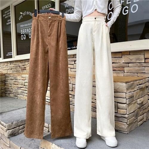 HOUZHOU Korean Fashion Brown Beige Corduroy Pants Women Harajuku Oversized Spring Autumn Beige Wide Leg Trousers For Female