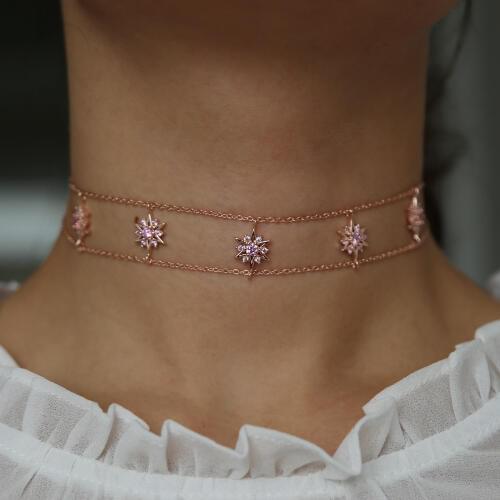 2019 Simple rose gold sexy simple double chain choker necklace for women free shipping delicate cz paved north star necklace