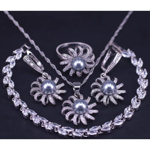 May you Way Romantic Turkish style Gray Pearl Silver Color Jewelry For Women Leaf Bracelet Earrings Ring Necklace Set