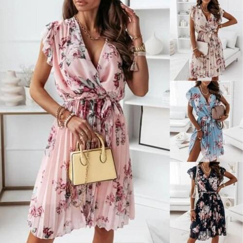 Summer Ruffle Sleeve Robe Lace Up Pleated Lining Female V Neck High Waist Middle Length Cross Collar Dress for Women 2021