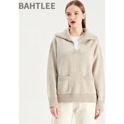 BAHTLEE Winter Women Wool Sweater Long Sleeves Turn Down Collar Knitted Jumper Thick Pullovers With Pockets Loose And Warm
