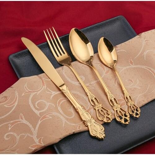 1 pcs Vintage Western Gold Plated Cutlery Dining Knives Forks Teaspoons Golden Luxury Dinnerware Engraving Tableware Kitchen