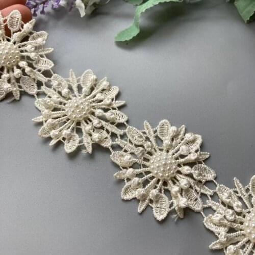 10x Ivory Double Layered Pearl Flower Handmade Beaded Embroidered Lace Trim Ribbon Applique Dress DIY Sewing Craft 5cm X 5cm New