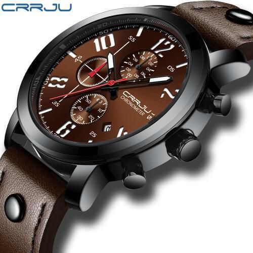 CRRJU Mens Fashion Sport 3-sub Dial Waterproof chronograph Watch Calendar Luminous Leather Strap WristWatches for Man Feminino