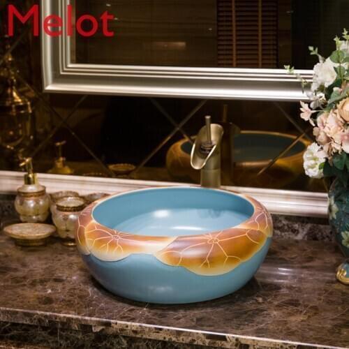 Jingdezhen Ceramic Bathroom Table Basin Wash Basin Art Basin Wash Basin Blue Half Lotus