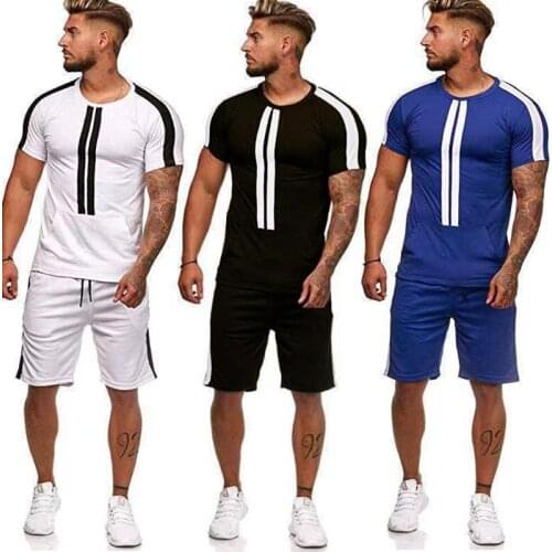 Summer Casual Breathable Shirt+Shorts Set Mens Sports Tracksuit Jogging Fitness Suit 2 Pieces Training Running Set Gym Clothing