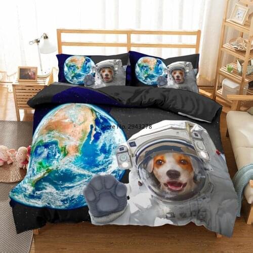 Funny Cat&Dog Animals 2/3pcs Bedding Sets Pillowcase Outer Space Planet Cats Astronaut Quilt Cover 90x190 Twin Size For Children