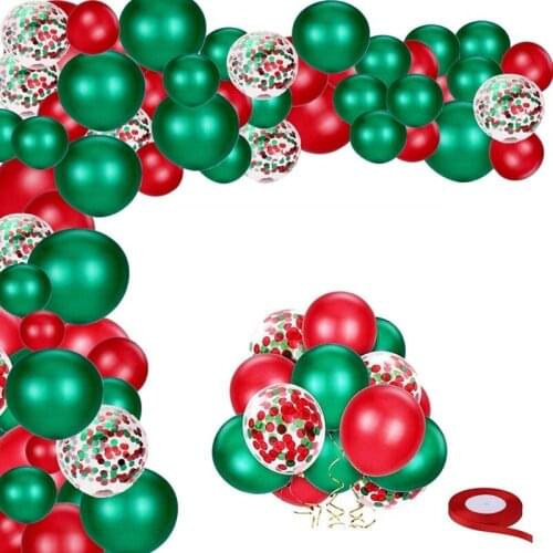 Red Green Confetti Balloons 12Inch Latex Helium Balloons Garland Arch Kit With Red Ribbon Christmas Party Balloons 50Pcs