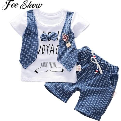 Summer Kids Boys Bow Clothes Sets Baby Gentleman High Qulity Short T shirt + Plaid Pants Toddler Boy Clothing kids clothes set