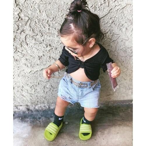 Summer Baby Girl Clothing Short-sleeveTops Shorts Casual Set Fashion Solid Color Cropped T-shirt and Ripped Denim Short Pants