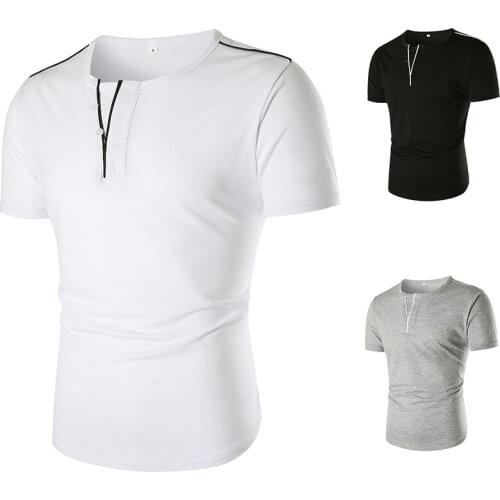 2021 New Summer European Size Mens Solid Color Round Collar Button Decoration Slim Short Sleeve Mens T-shirt